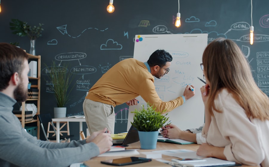 Colleagues building a workflow together on a whiteboard